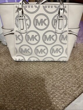 Michael Kors White Perforated MK Logo Tote with Silver Hardware